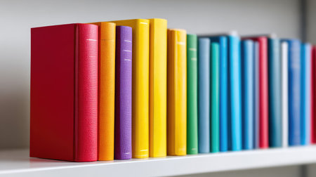 A visually striking arrangement of colorful hardcover books on a shelf, perfect for inspiring creativity and enhancing learning environments in modern libraries or home study spaces.の素材
