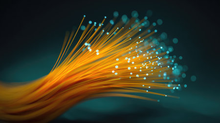 This stunning abstract image features vibrant orange fibers intertwined with glowing blue particles, creating a dynamic and energetic visual perfect for technology and scientific themes.の素材