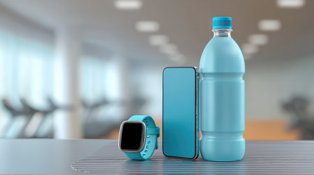 A vibrant set of fitness items including a smartwatch, smartphone, and water bottle in aqua tones, perfect for promoting an active and health-focused lifestyle in modern gyms.の素材