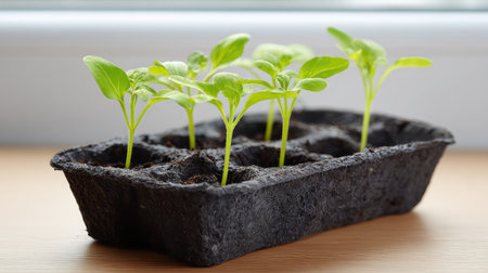 Small green seedlings emerge from a recycled tray, capturing the essence of growth and sustainability. Perfect for showcasing the beauty of nurturing plants in urban settings.の素材