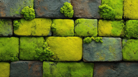 This captivating image features vibrant green moss growing on aged stone blocks, creating a beautiful contrast of textures and colors for nature-inspired designs and backgrounds.の素材
