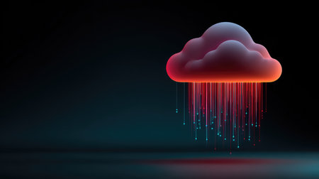 This eye-catching digital cloud illustration showcases vibrant neon colors with data raining down, embodying a futuristic theme and technological creativity in a visually stunning design.の素材