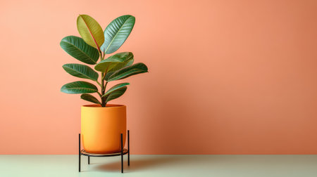 A vibrant indoor plant in a modern orange pot sits atop a minimalist stand, against a soft coral background, enhancing interior decor with a lively, fresh aesthetic.の素材