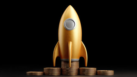 A striking golden rocket ship rises majestically from stacks of coins, representing the dynamic world of investment and financial aspirations in a modern business landscape.の素材