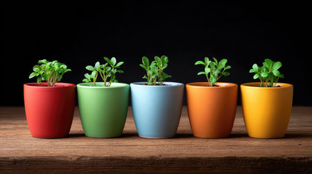 A captivating display of five colorful potted plants showcasing vibrant green foliage, set on a rustic wooden surface against a striking dark background, perfect for nature and gardening themes.の素材