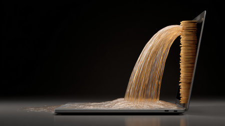 This imaginative image features a laptop with a cascade of golden coins flowing from it, symbolizing financial growth and modern digital prosperity in the business world.の素材
