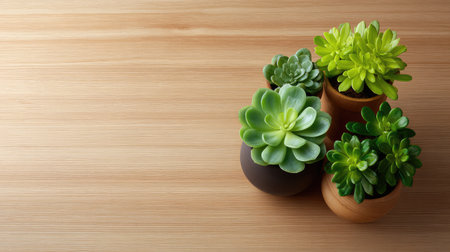 Beautiful assortment of succulent plants arranged in stylish pots on a wooden surface, perfect for enhancing home decor and creating a calming natural atmosphere.の素材