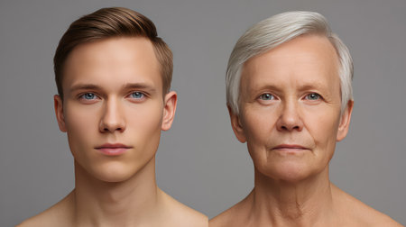 A captivating portrait of a young man and an older woman side by side, highlighting the contrast between youth and age with a focus on facial features and expressions.の素材