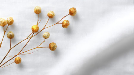 A beautiful arrangement of a delicate branch featuring golden floral accents set against a soft white fabric background, ideal for minimalist and nature-themed design projects.の素材