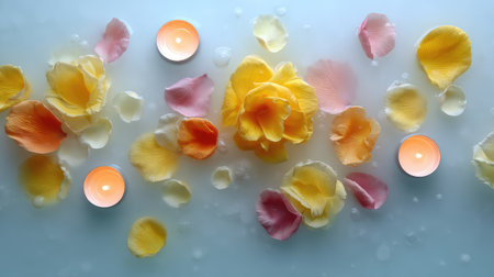 A beautifully composed display featuring vibrant flower petals and soft candles on a tranquil surface, ideal for creating a calming or romantic atmosphere.の素材