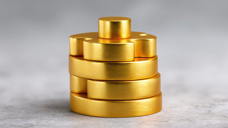 A stack of smooth, vibrant gold coins poses on a soft gray surface, embodying financial success and prosperity with a minimalist and elegant aesthetic suitable for various themes.の素材