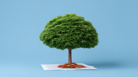 A vibrant green tree representing growth stands on documents scattered with coins, symbolizing financial prosperity and environmental awareness in a clean, minimalist setting.の素材