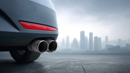 A close-up of a car's exhaust pipe against an urban skyline, capturing the blend of automotive design and city life under an overcast atmosphere.の素材