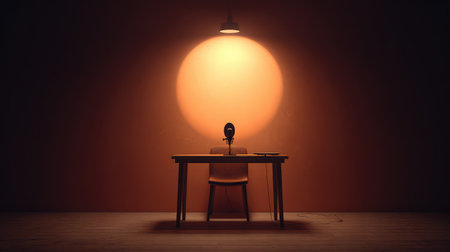 A serene office setting featuring a vintage microphone on a minimalist table illuminated by a warm light, creating an inviting atmosphere ideal for creative endeavors and productivity.の素材