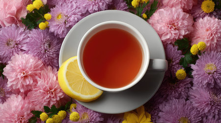 A beautiful cup of tea with a lemon slice rests on a saucer, surrounded by a vibrant array of colorful flowers, creating a serene and inviting atmosphere for relaxation.の素材