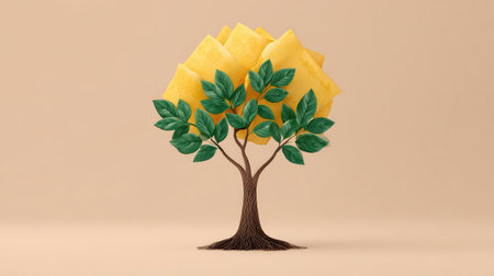 A charming tree crafted from paper, featuring vibrant yellow leaves and rich green foliage, perfect for conveying ideas of creativity and growth in a minimalist setting.の素材