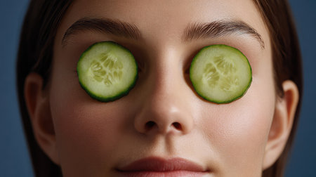 A close-up image of a serene woman using cucumber slices on her eyes for skincare, showcasing a calming beauty routine and promoting relaxation and vitality.の素材
