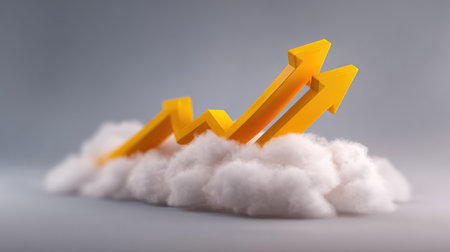 A vivid representation of vibrant yellow arrows ascending from soft white clouds, symbolizing growth, success, and progress in business and financial contexts. Perfect for creative projects.の素材