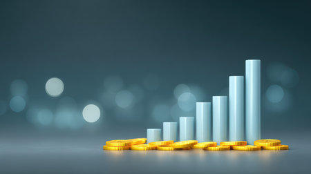 This image depicts stacked coins and rising graph bars, symbolizing financial growth and investment success, set against a blurred background for a professional touch.の素材
