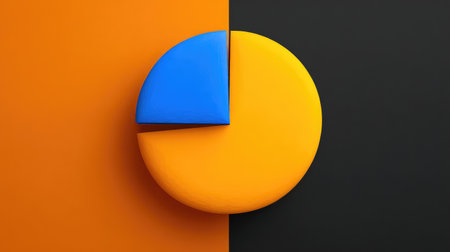 A vivid pie chart featuring a blue segment and a yellow section, displayed against orange and black backgrounds, ideal for data representation and business presentations.の素材
