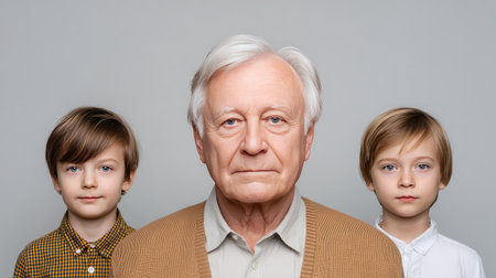 A captivating portrait of an elderly man flanked by two children, showcasing the beauty of family ties and generational relationships against a simple, neutral backdrop.の素材