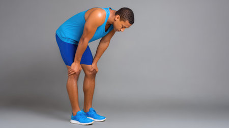 A determined athlete shows signs of fatigue during an intense workout session, capturing the essence of physical effort and the spirit of perseverance in fitness journeys.の素材