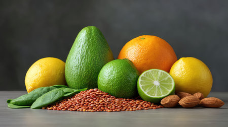 An enticing arrangement of fresh fruits and nuts on a wooden table, featuring avocados, oranges, lemons, and spinach, ideal for wellness and nutrition themes.の素材