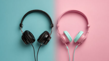 A visually appealing image featuring black and pink headphones on contrasting pastel backgrounds, perfect for showcasing modern audio equipment and music lifestyle themes.の素材