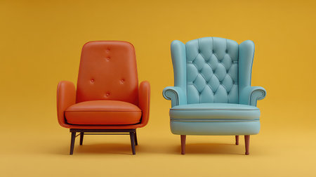 This image features a pair of vibrant vintage armchairs in orange and light blue, set against a bright yellow background, perfect for showcasing modern and stylish interior design ideas.の素材