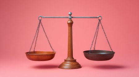 A classic balance scale sits elegantly against a pink background, embodying the principles of justice and fairness that are essential in legal systems and societal norms.の素材