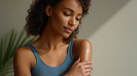 A serene scene featuring a young woman applying lotion on her shoulder, highlighting a moment of self-care and beauty in a softly lit indoor environment.の素材
