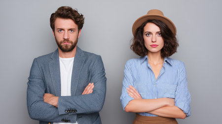A striking image of a man and woman standing side by side with crossed arms, exuding confidence and seriousness, set against a soft gray backdrop for business-themed uses.の素材