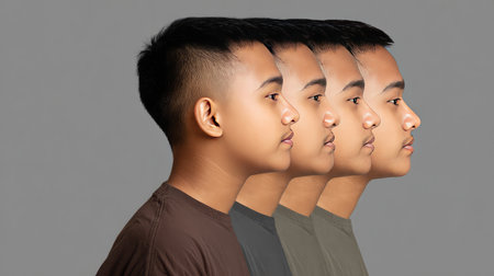 A captivating series of four profile portraits demonstrating subtle emotional transitions of a young individual, perfect for exploring themes of identity and expression.の素材