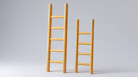 Two wooden ladders of varying heights are displayed against a soft gray background, offering a clean and minimalist aesthetic ideal for home improvement or DIY projects.の素材