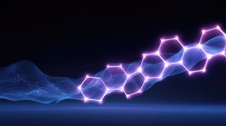 This captivating image features a digital wave composed of hexagonal structures glowing with neon lights against a dark background, representing technology and innovation themes.の素材