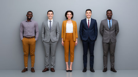 A diverse group of business professionals stands confidently in formal attire against a neutral gray background, showcasing unity and collaboration in a modern corporate setting.の素材
