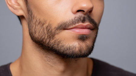 This close-up portrait showcases a handsome man with a well-groomed beard, emphasizing the details of his facial features against a soft, neutral backdrop.の素材