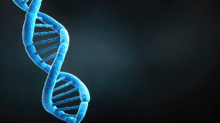 This image showcases a detailed view of a blue DNA helix against a dark background, representing key concepts in molecular biology and genetics research.の素材