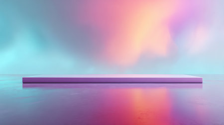 A minimalist stage platform situated above a reflective surface, set against a dreamy gradient background in soft pastel colors, ideal for various creative projects.の素材