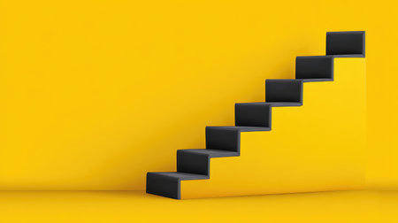 This image features a striking abstract staircase with black steps set against a cheerful yellow background, illustrating themes of progress and upward movement.の素材