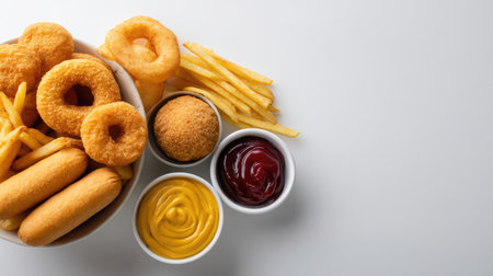 A tempting arrangement of fast food including crispy fries, onion rings, and corn dog served with ketchup and mustard. Perfect for food lovers and parties.の素材