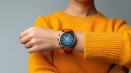 Close-up of a stylish watch with a blue dial and orange strap worn on a wrist, showcasing a modern fashion statement in a cozy knitted sweater for casual settings.の素材
