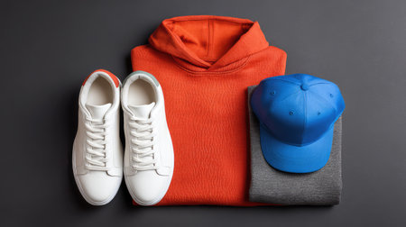 A stylish casual outfit layout showcasing a vibrant orange hoodie, a gray T-shirt, a blue cap, and trendy white sneakers, ideal for a modern lifestyle look.の素材