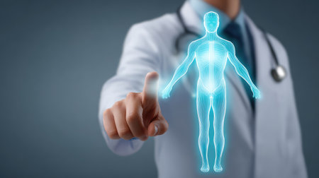 A doctor engages with a holographic representation of human anatomy, showcasing the intersection of technology and healthcare in patient diagnosis and education.の素材