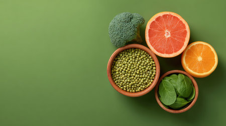 A vibrant assortment of fresh fruits and vegetables, including broccoli, grapefruit, and spinach, arranged beautifully in bowls against a green background, promoting healthy eating.の素材