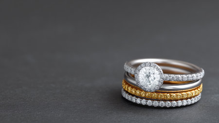 Discover the beauty of an elegant stack of rings, showcasing a diamond centerpiece with golden and silver accents, perfect for expressing love and style.の素材