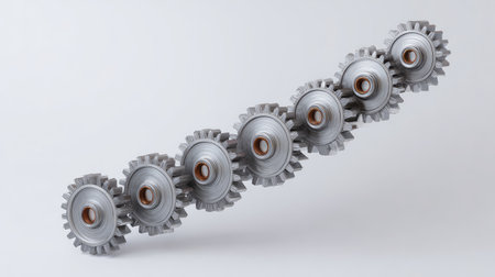 A striking arrangement of silver gears displayed on a pristine white background, showcasing intricate details and textures for a focus on mechanical design and engineering concepts.の素材