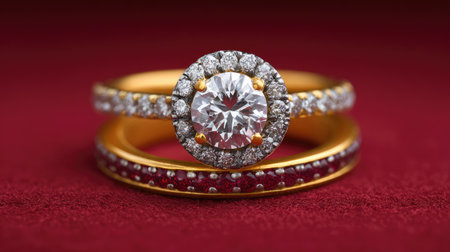 An exquisite gold engagement ring featuring a brilliant cut diamond, surrounded by sparkling stones, set against a rich red velvet backdrop, perfect for romantic themes.の素材