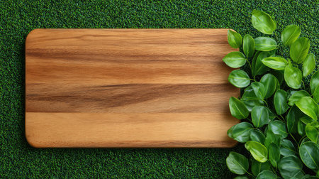 A beautiful wooden cutting board rests on an artificial grass surface, accompanied by fresh green leaves, creating an inviting atmosphere for culinary and kitchen-themed visuals.の素材