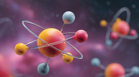 Stunning 3D visualization of atoms set in a cosmic environment. This dynamic representation showcases the beauty of science and the complexity of molecular structures.の素材